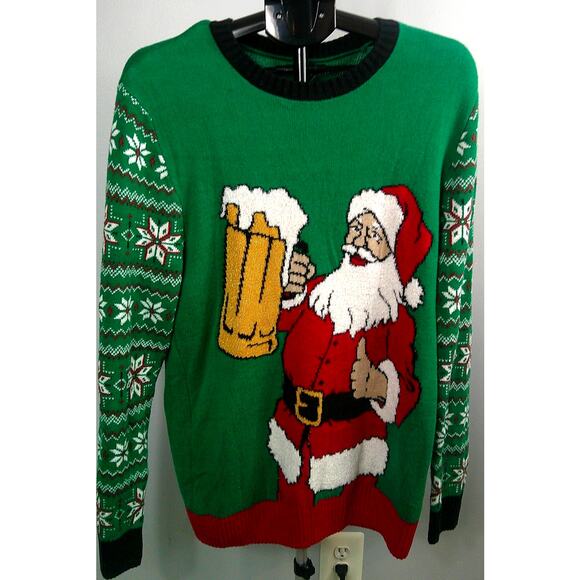 Ugly Christmas Sweater Men's Size Large Santa with Beer Cheers - Picture 1 of 7